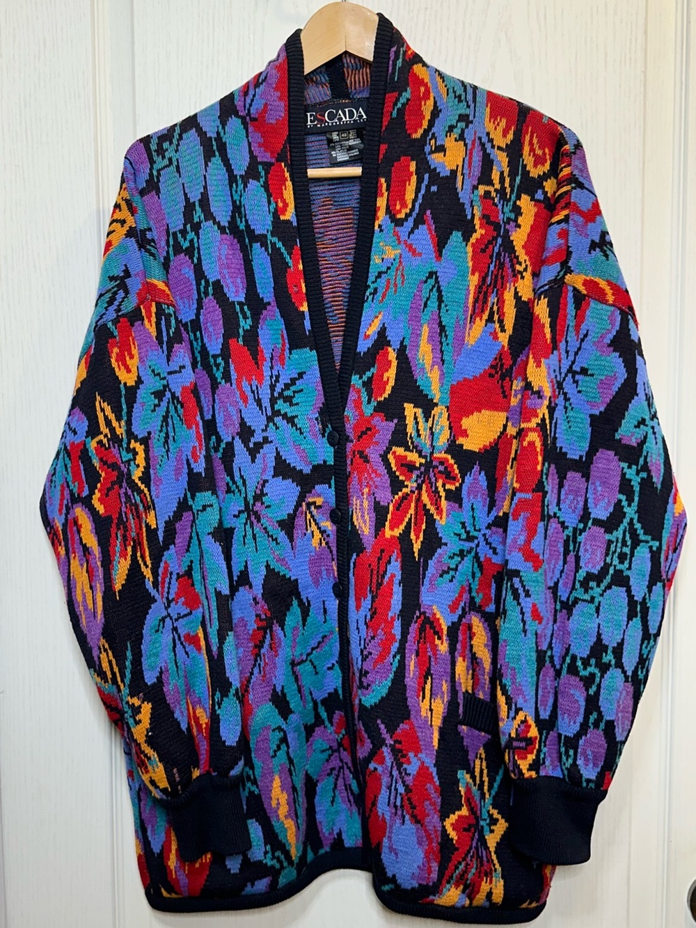 Vintage 80s ESCADA Margaretha Ley Knit Cardigan West Germany Floral Grape EU 42